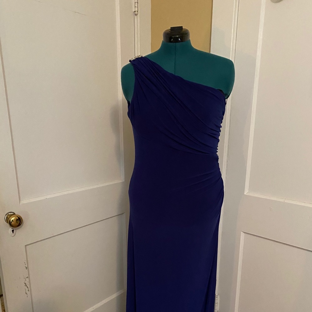 Betsy & Adam Dark Blue 1 shoulder dress sz12